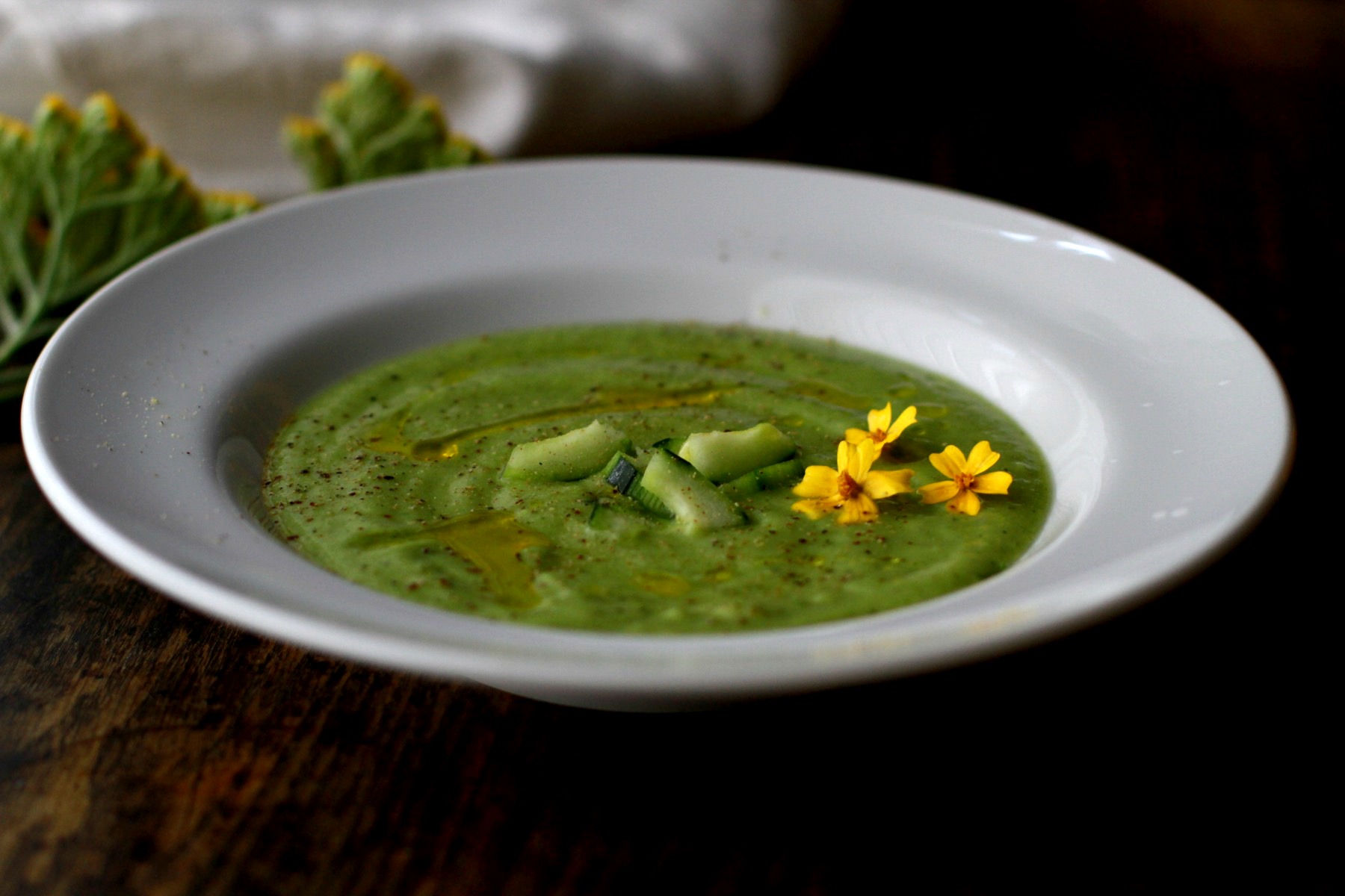chilled cucumber soup with padron pepper and mint