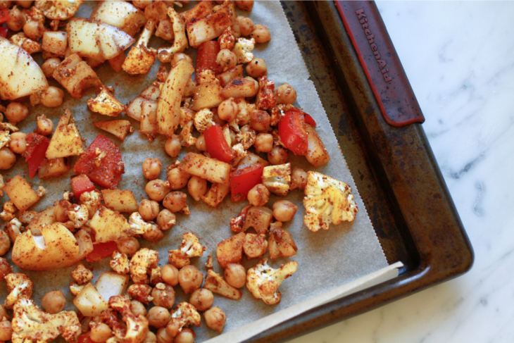 cauliflower chickpeas baking sheet